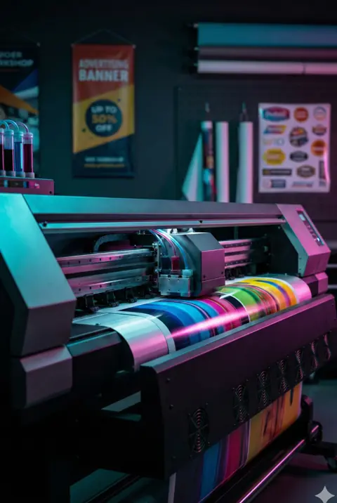 Impressora industrial de alta performance produzindo materiais em cores vibrantes